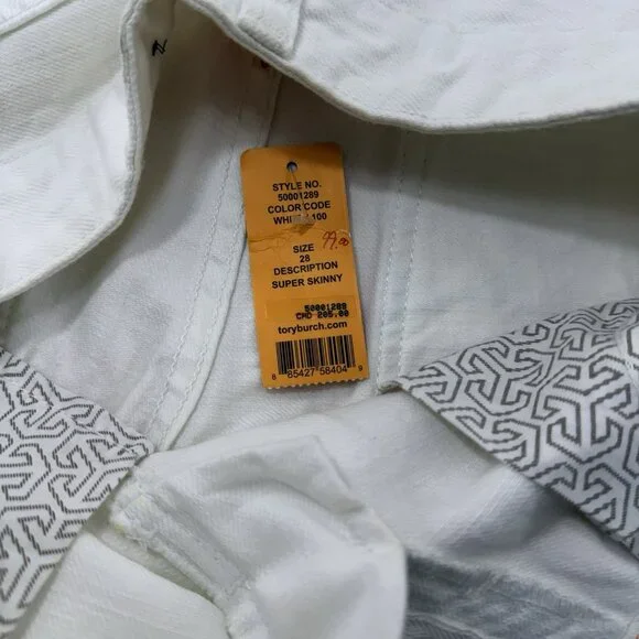 Tory Burch Skinny Jeans Pants Women Sz 28 White Embroidery Designer Logo Preppy - Picture 5 of 12